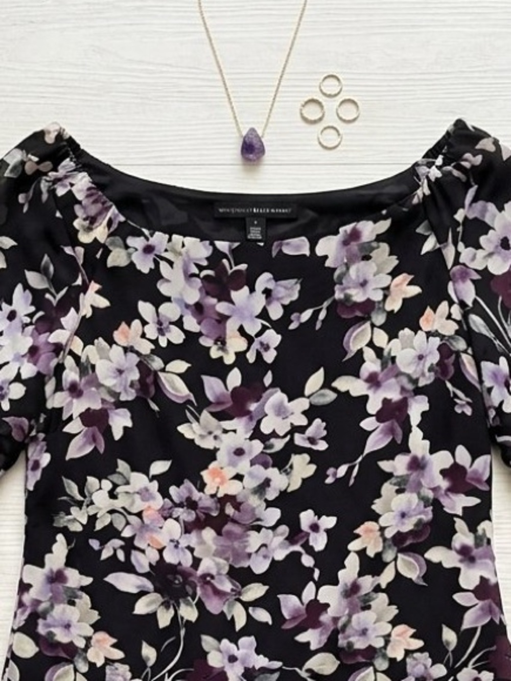 White House Black Market Black Floral Top Size Small